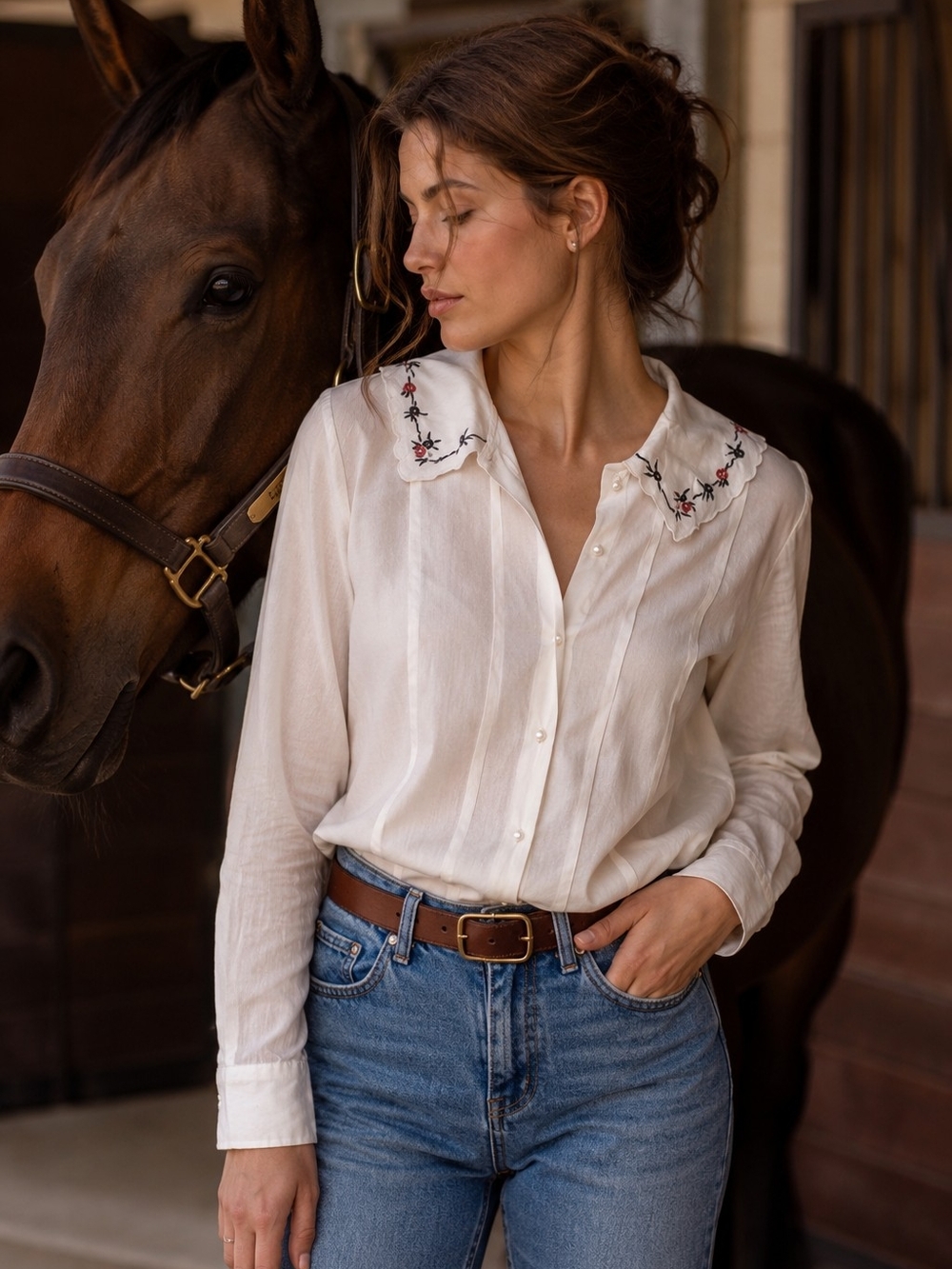 Vintage M.A.T. Embroidered Collar Blouse – Size Large